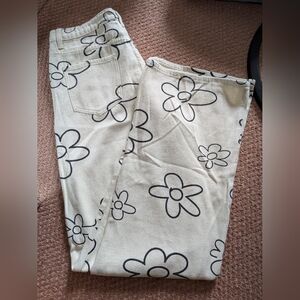 Women’s Flare Jeans with Black Floral Print - Cream